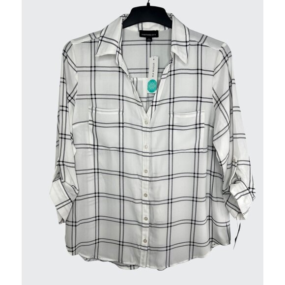 FORTUNE + IVY Christelle White & Black Plaid Button Down Blouse 3/4 Sleeve XL - Picture 2 of 16